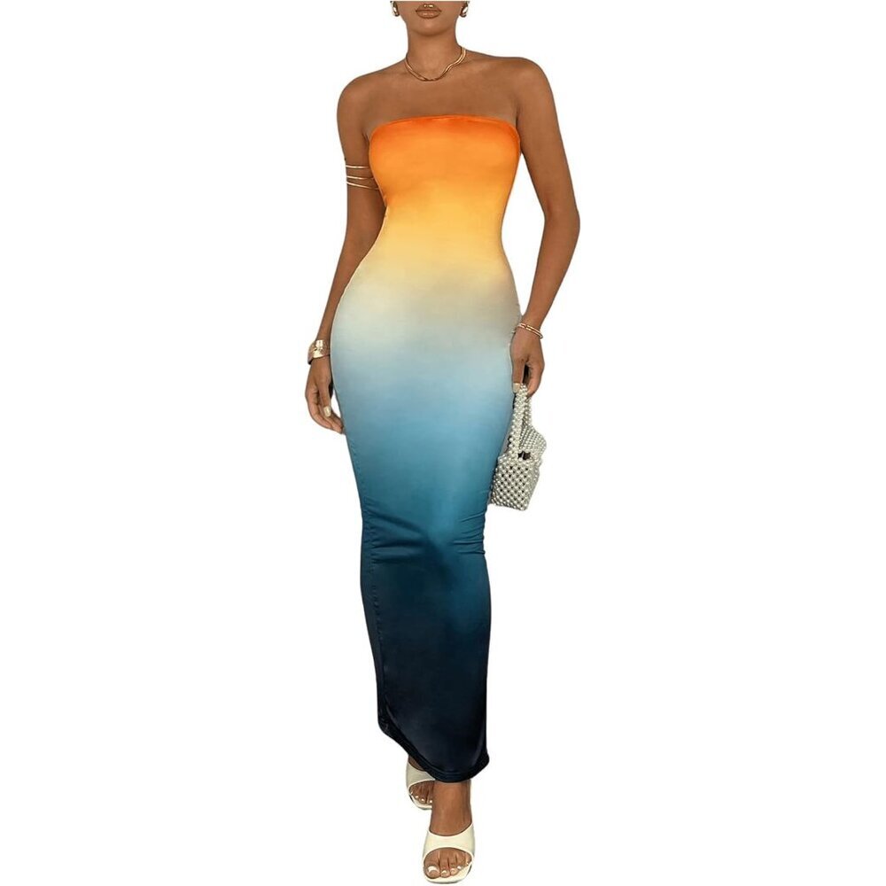 Women's Ombre Strapless Maxi Bodycon Dress Slim Fit Vacation Party Wear